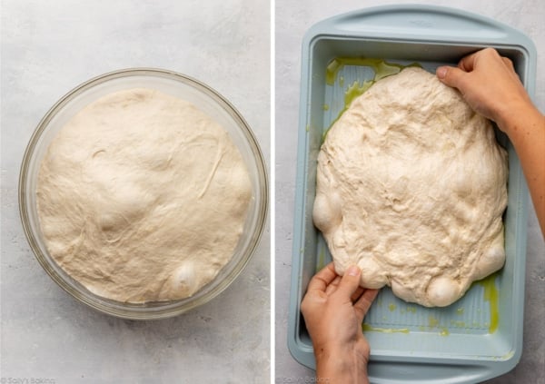 bubbly focaccia dough in a bowl and hands stretching it into an oiled baking pan.