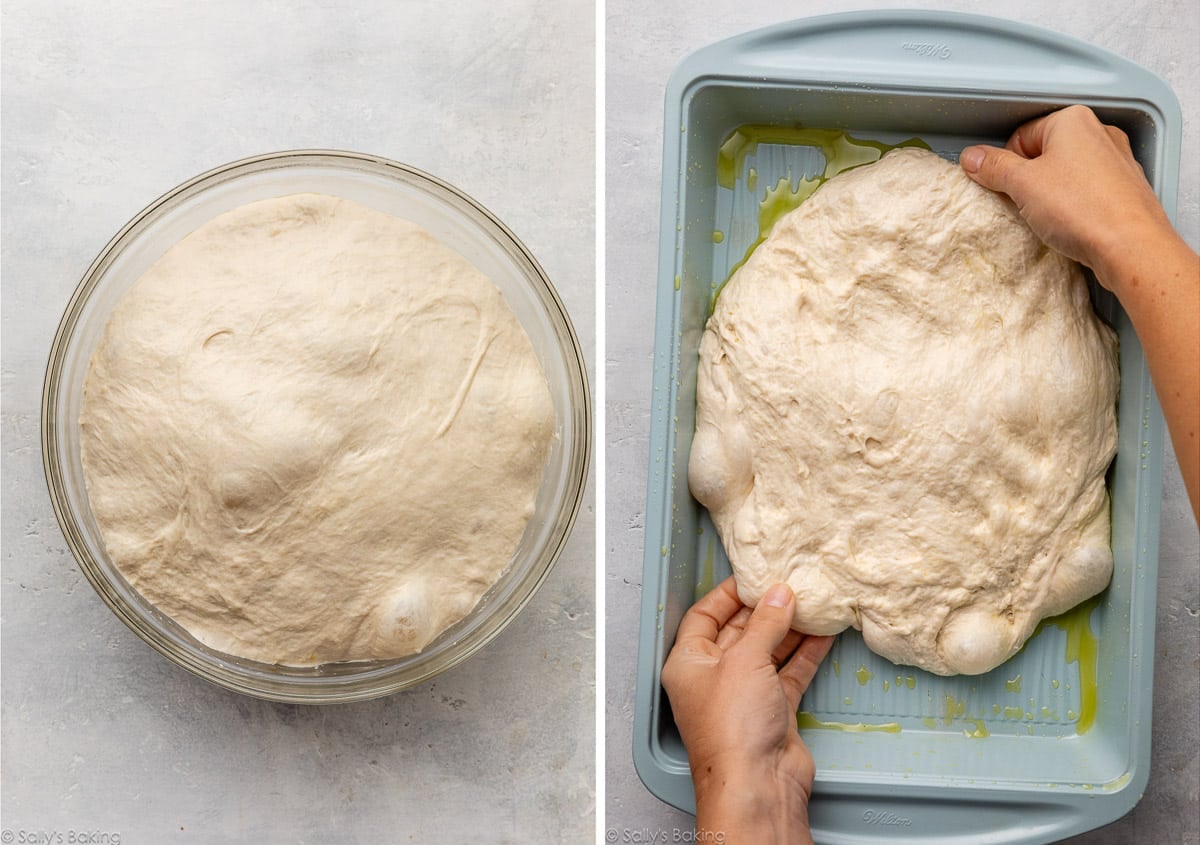 bubbly focaccia dough in a bowl and hands stretching it into an oiled baking pan.
