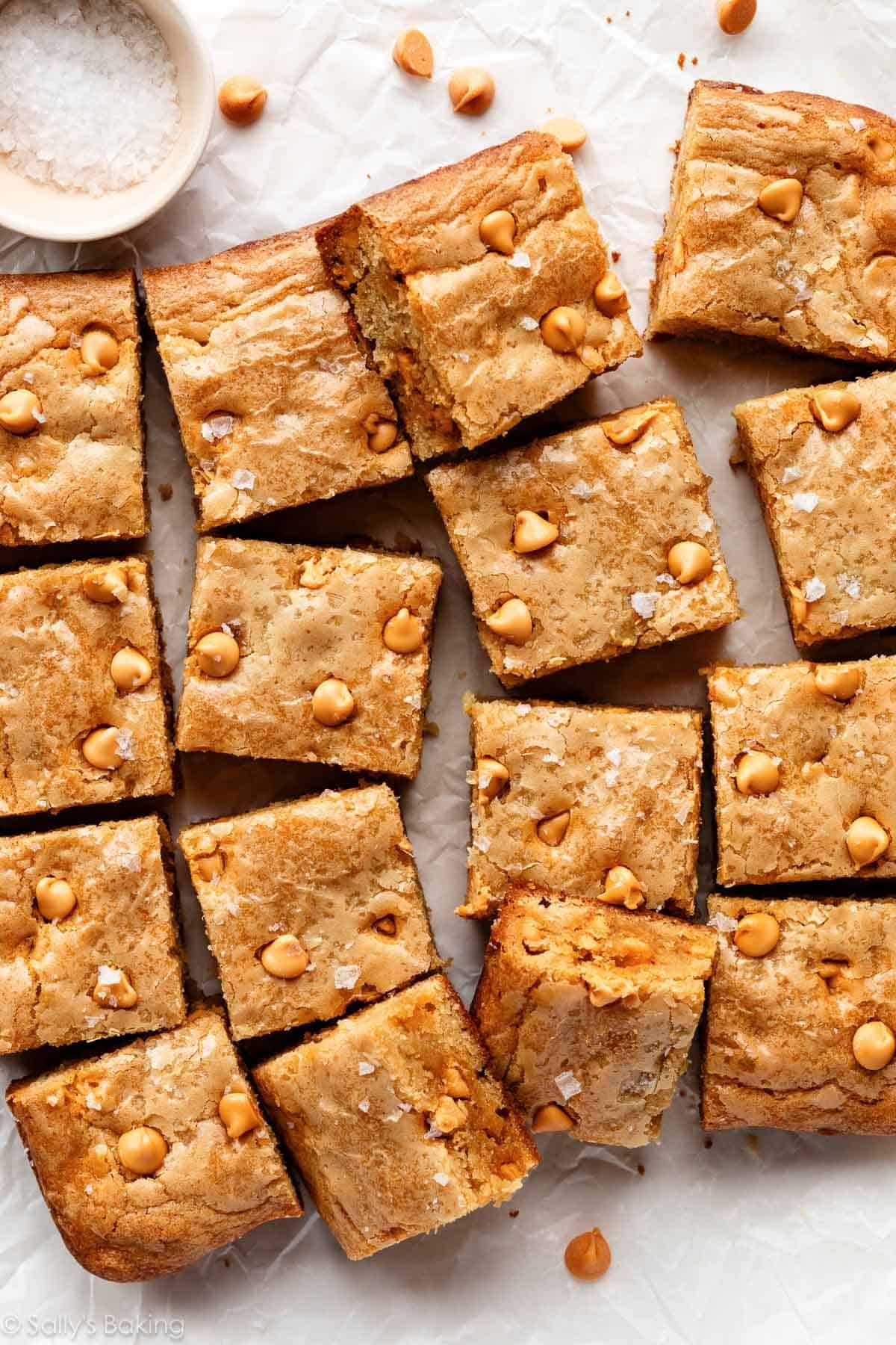 butterscotch blondie squares with flaky sea salt.
