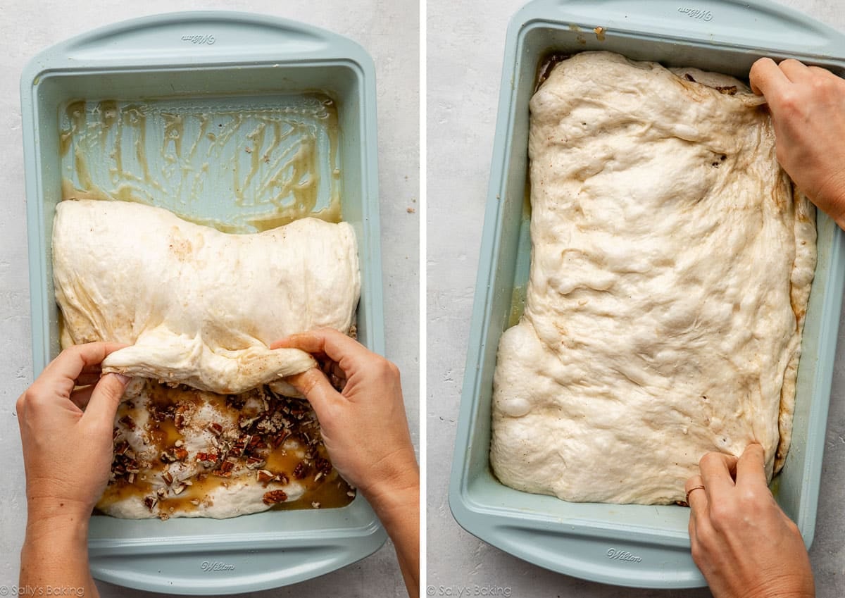 hands folding focaccia dough over maple pecan filling.