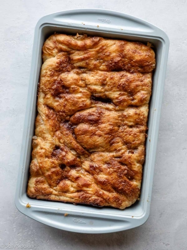 salted maple pecan focaccia in baking pan.