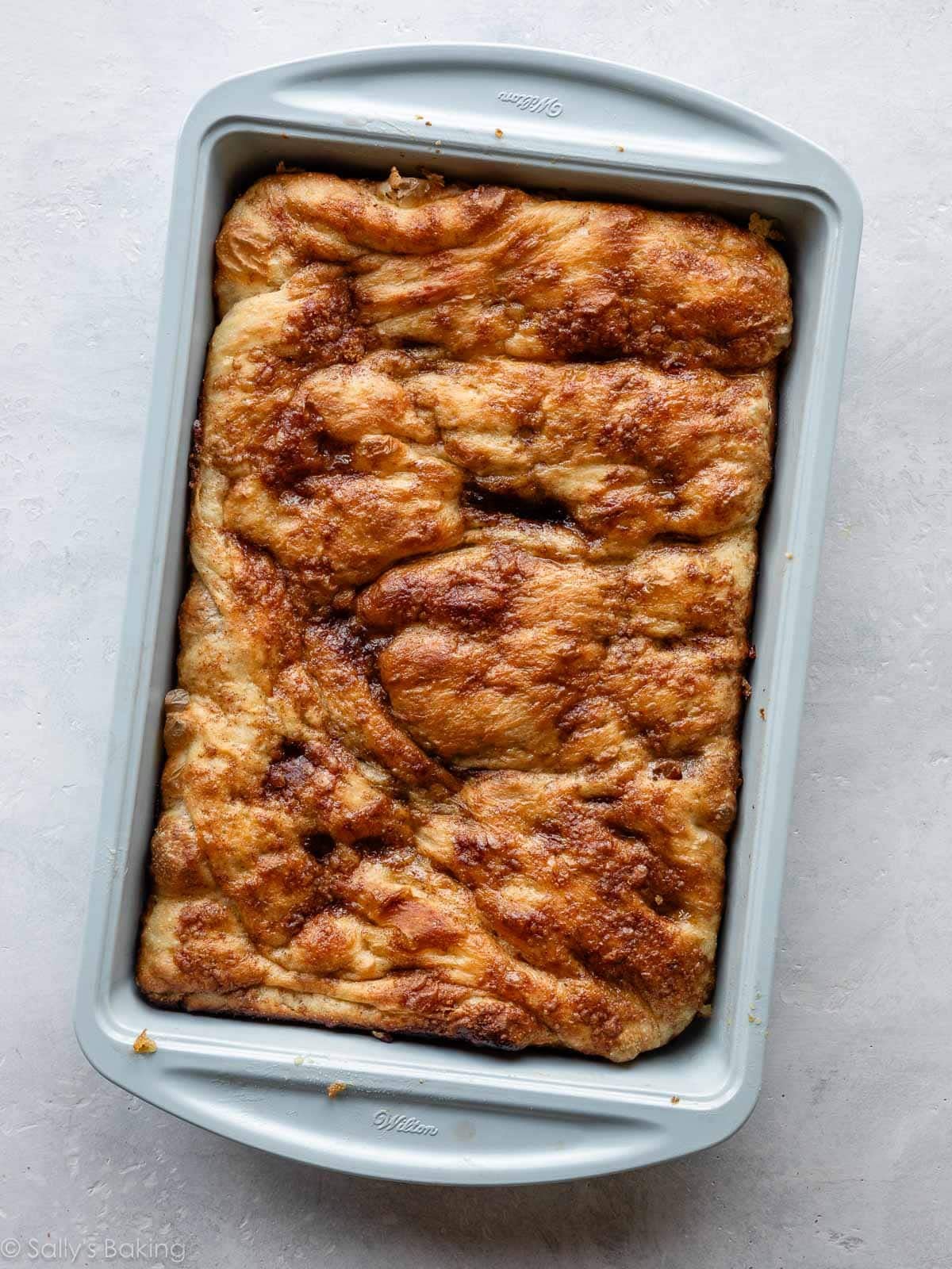 salted maple pecan focaccia in baking pan.