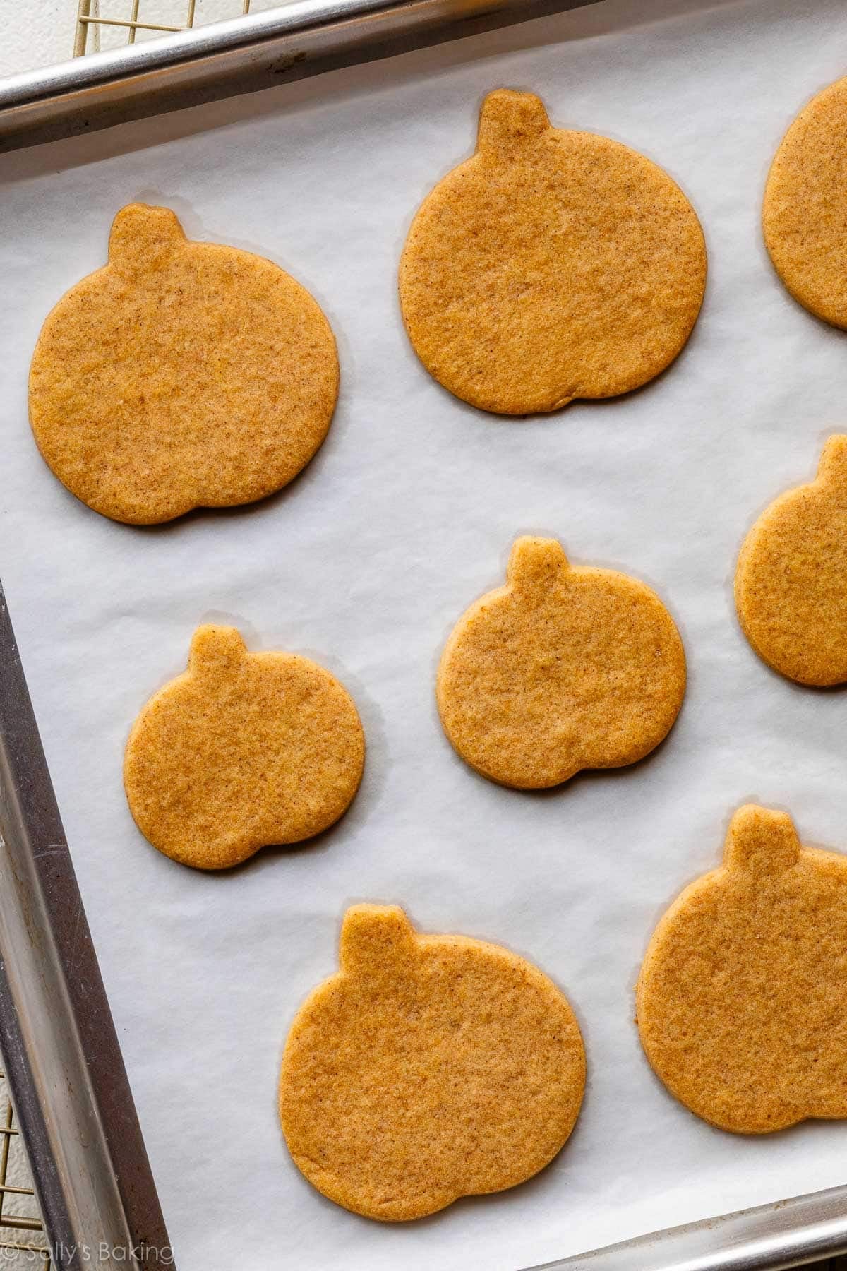 Pumpkin sugar cookies on baking sheet after baking.