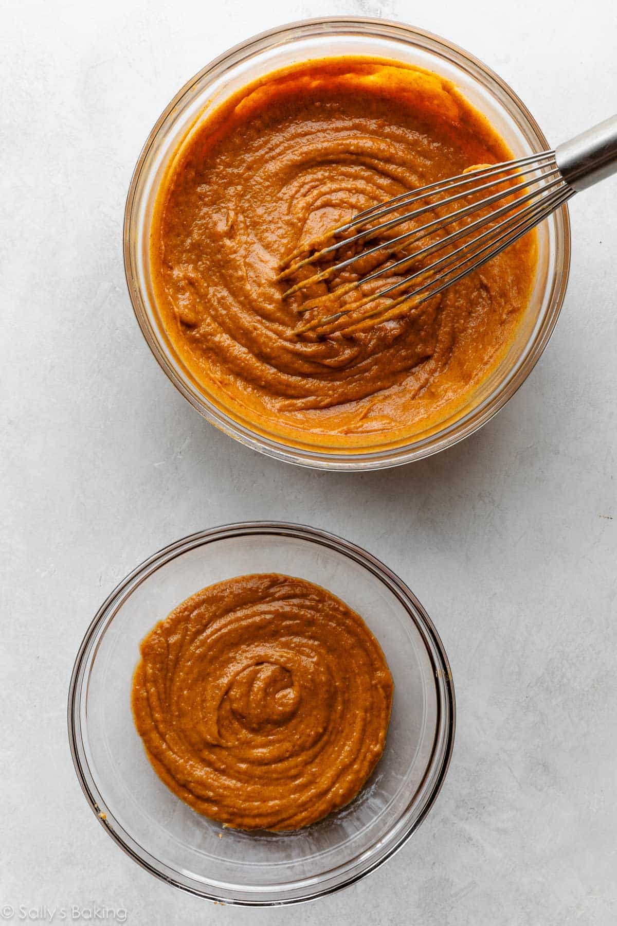 pumpkin batter divided into 2 bowls.