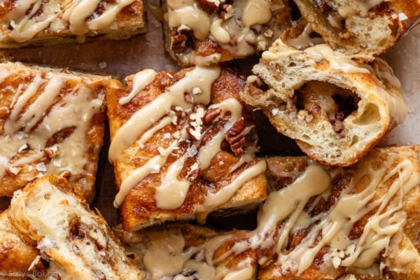 closeup of salted maple pecan focaccia slices.