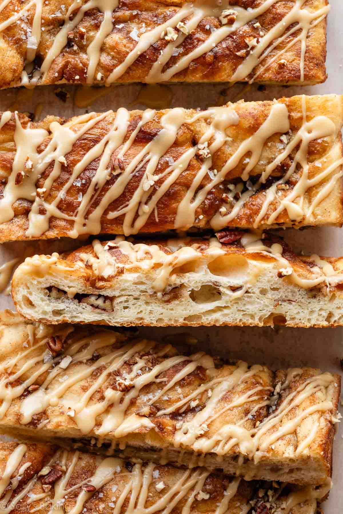 salted maple pecan focaccia slices in a row.