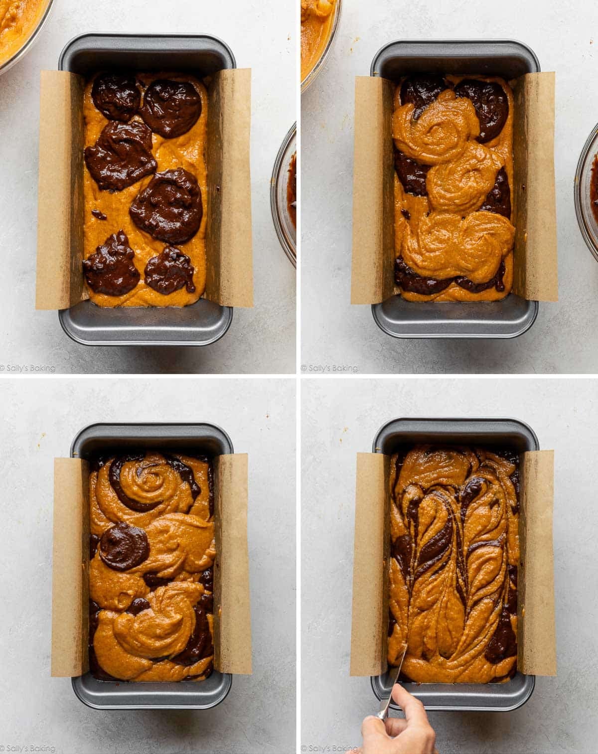 layers of pumpkin and chocolate batter in a lined loaf pan and hand swirling batters with a knife.