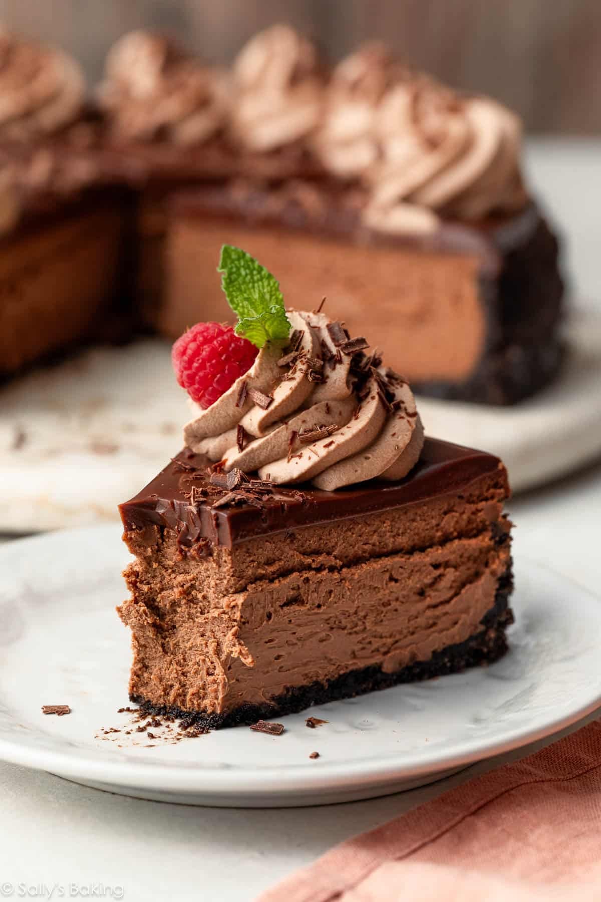 chocolate cheesecake slice on a plate.
