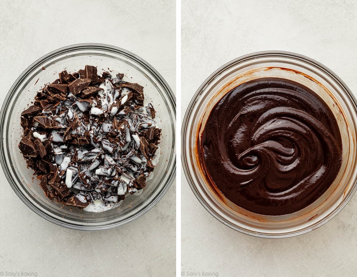 bowl of chopped chocolate with heavy cream next to a bowl of chocolate ganache.